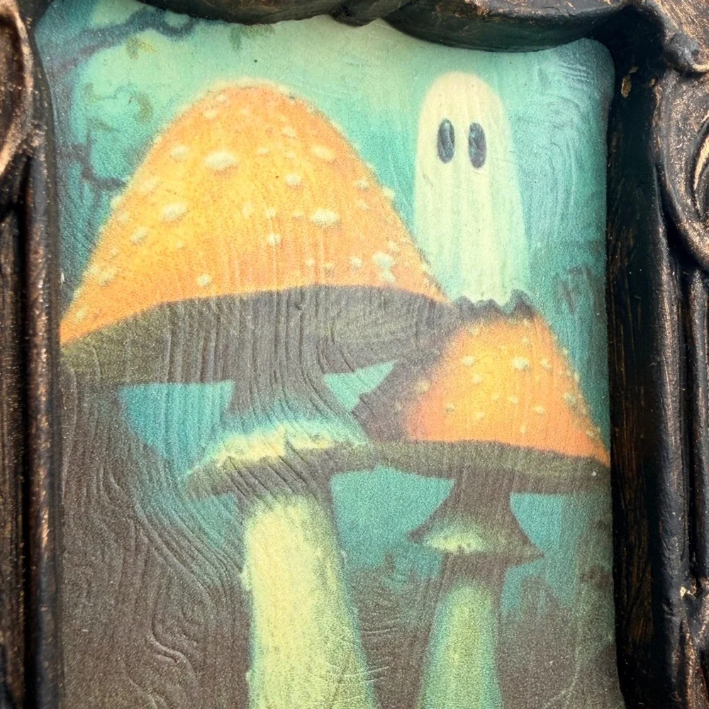 Ghost and Mushrooms Art Print in Ornate Bronze Resin Frame Miniature Decor